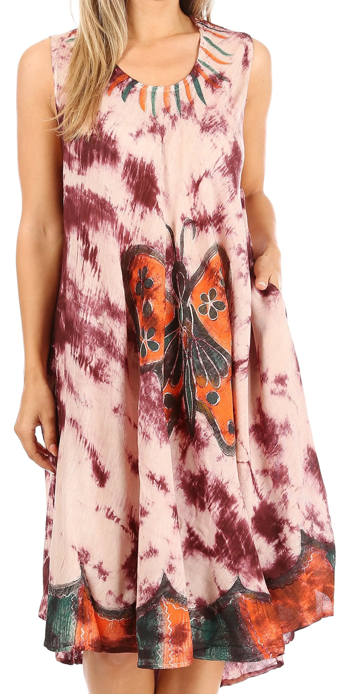 Sakkas Butterfly Tie Dye Tank Sheath Caftan Mid Length Dress