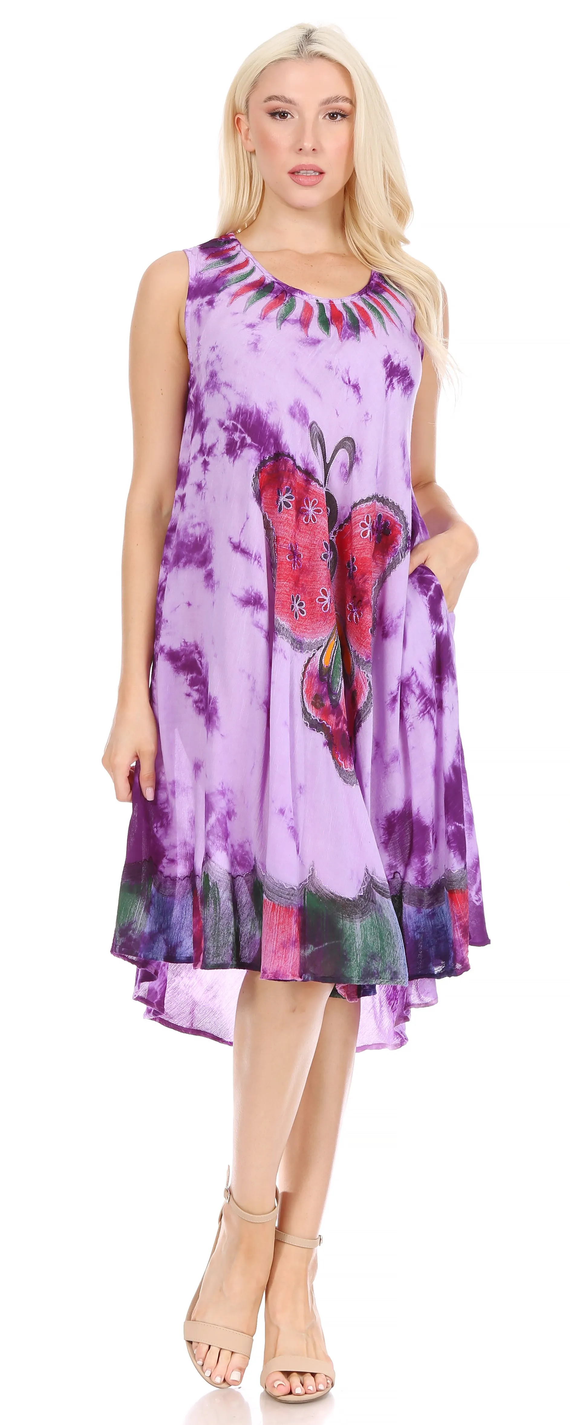 Sakkas Butterfly Tie Dye Tank Sheath Caftan Mid Length Dress