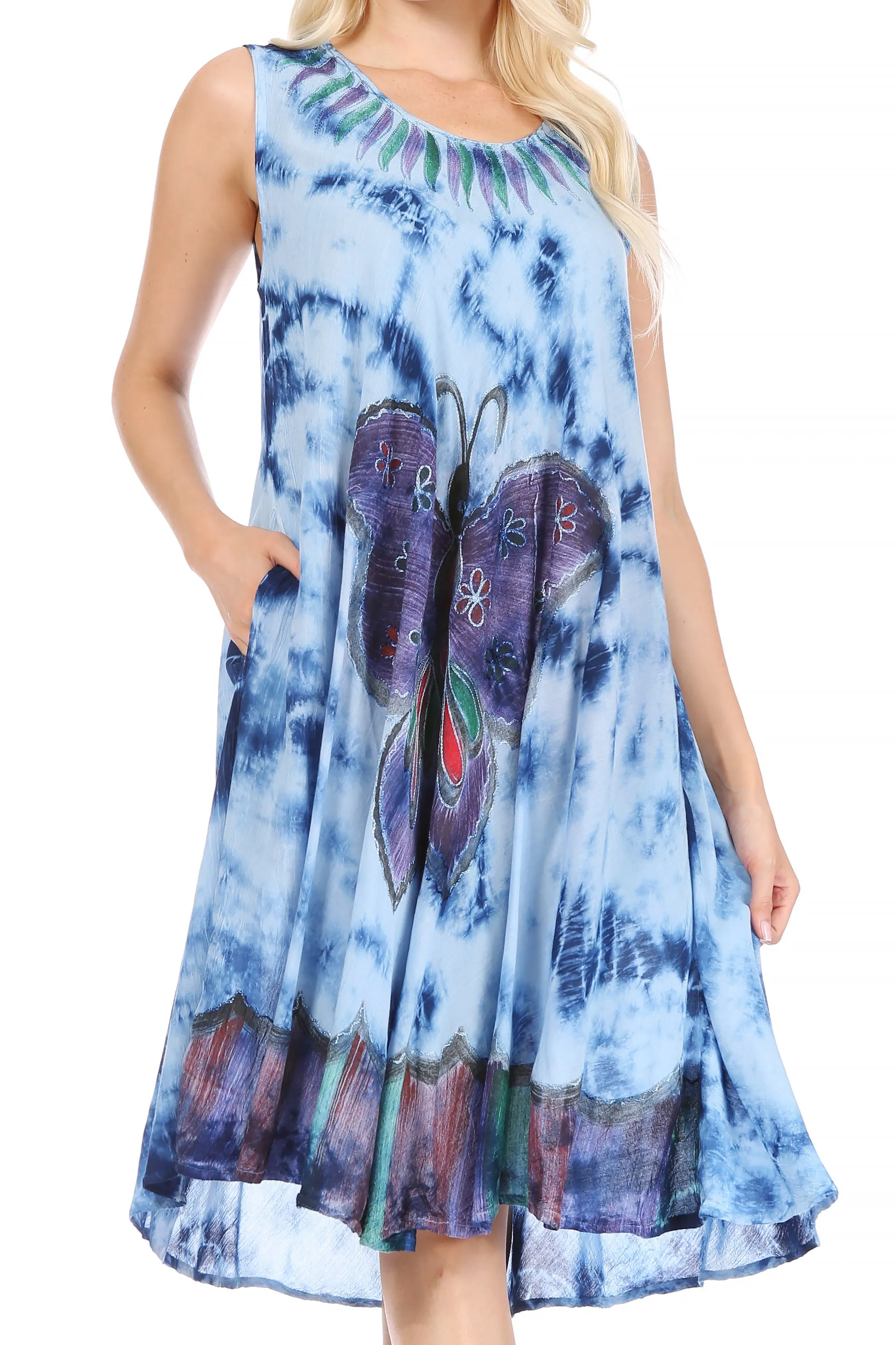 Sakkas Butterfly Tie Dye Tank Sheath Caftan Mid Length Dress