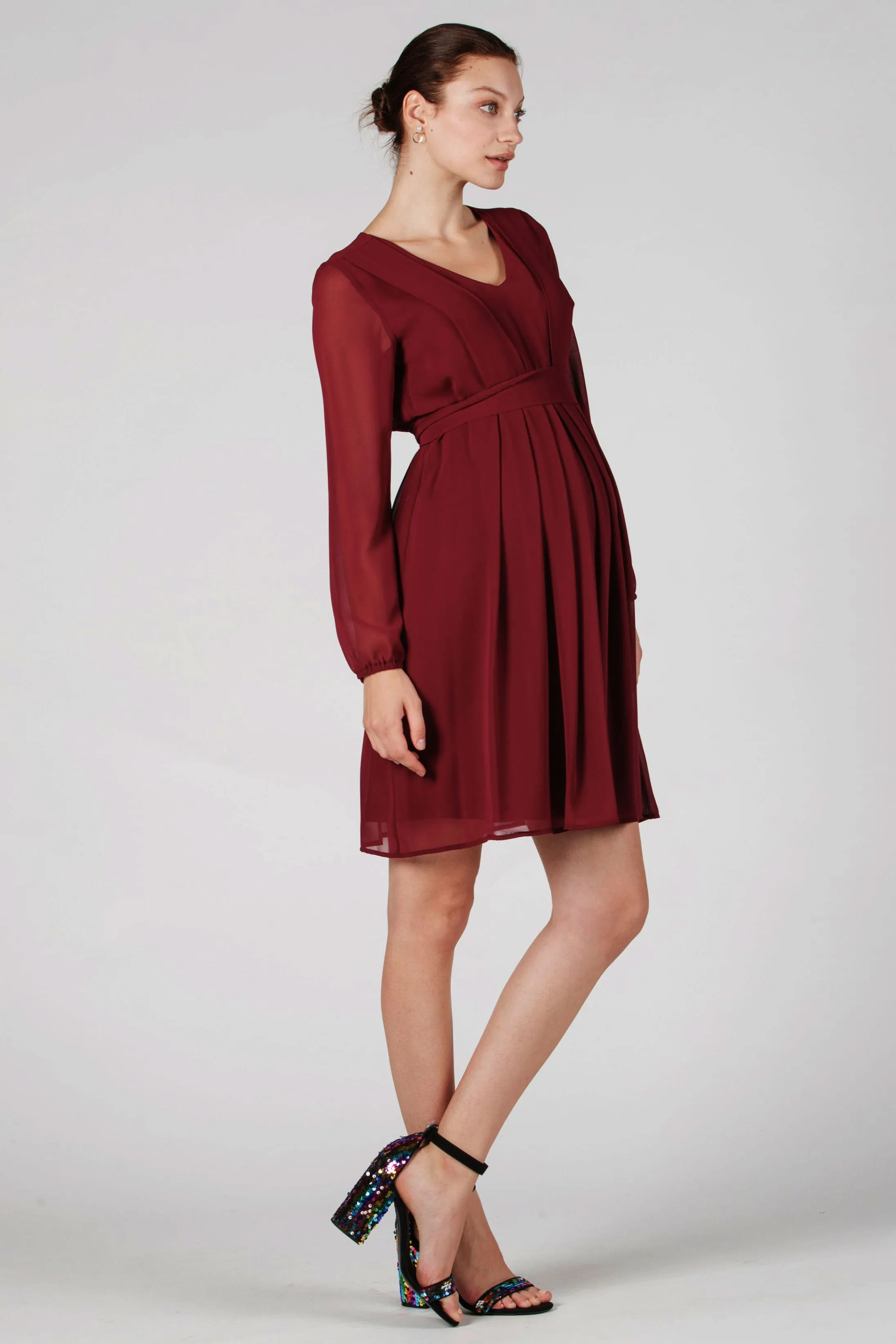 SARA Maternity & Nursing Dress in Claret Chiffon