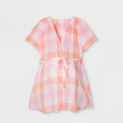 Short Sleeve Button-Down with Tie Waist Woven Popover Maternity Top - Isabel Maternity by Ingrid & Isabel Peach/Pink Checked XS