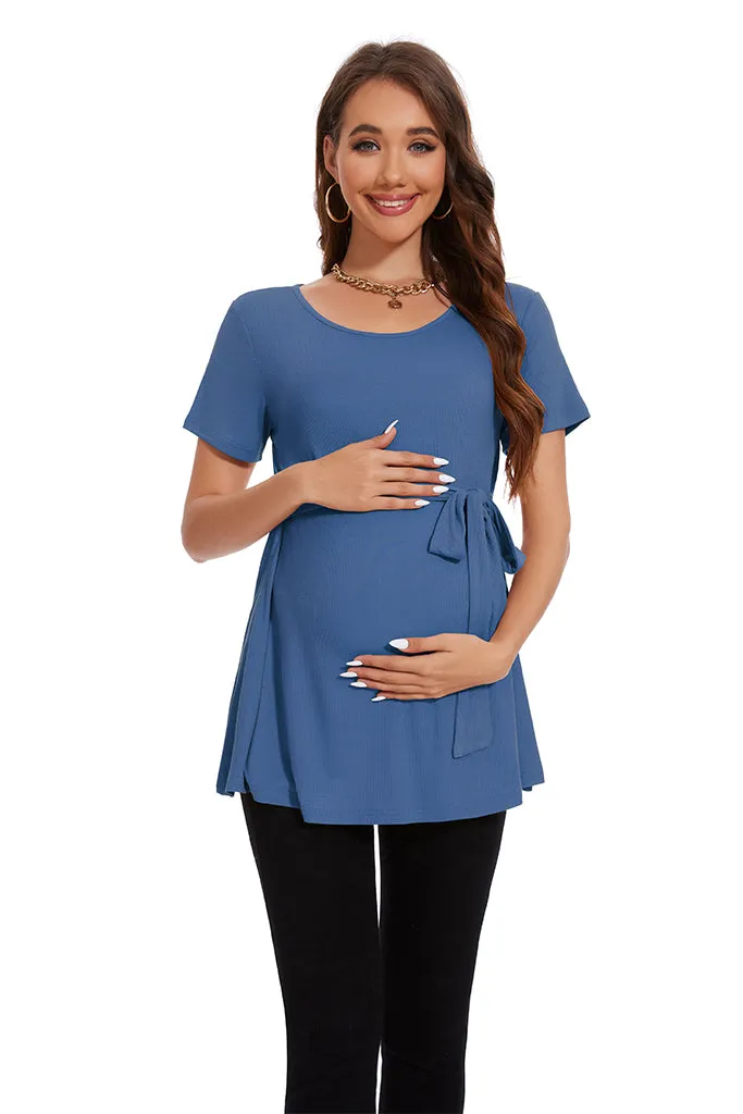 Smallahow Ribbed Tie Front Maternity Shirt