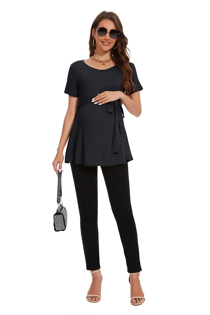 Smallahow Ribbed Tie Front Maternity Shirt