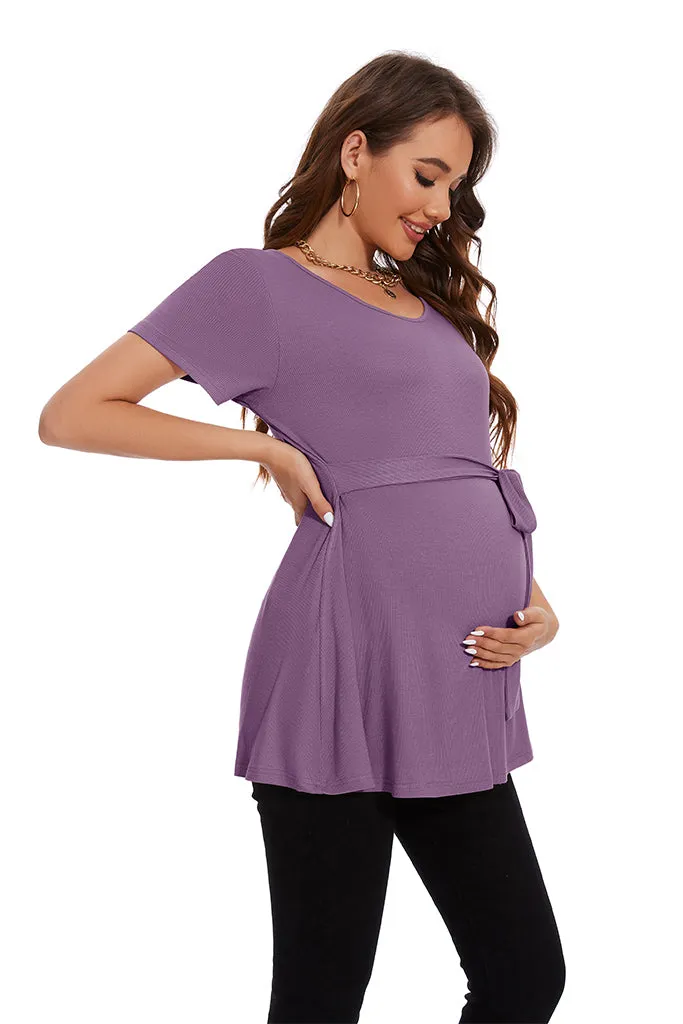 Smallahow Ribbed Tie Front Maternity Shirt