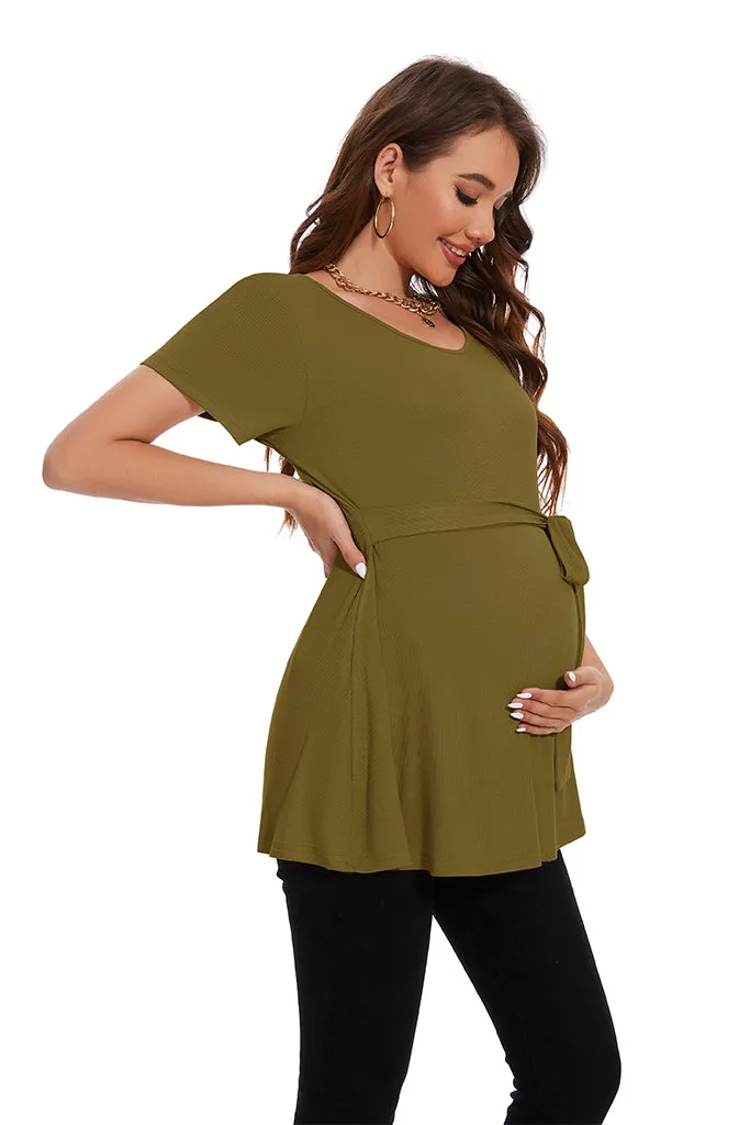 Smallahow Ribbed Tie Front Maternity Shirt