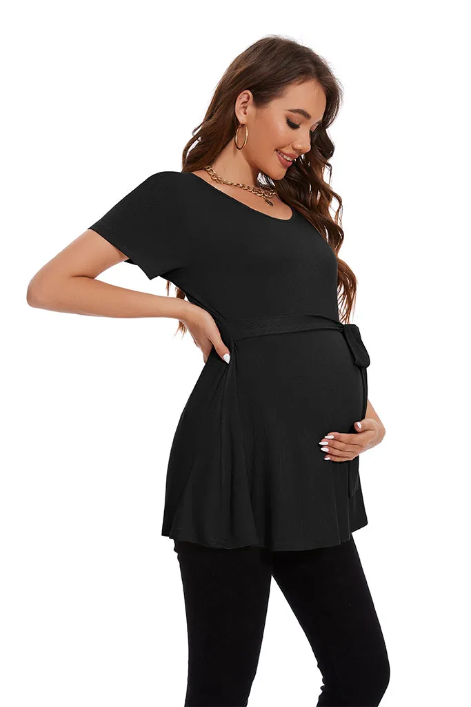 Smallahow Ribbed Tie Front Maternity Shirt