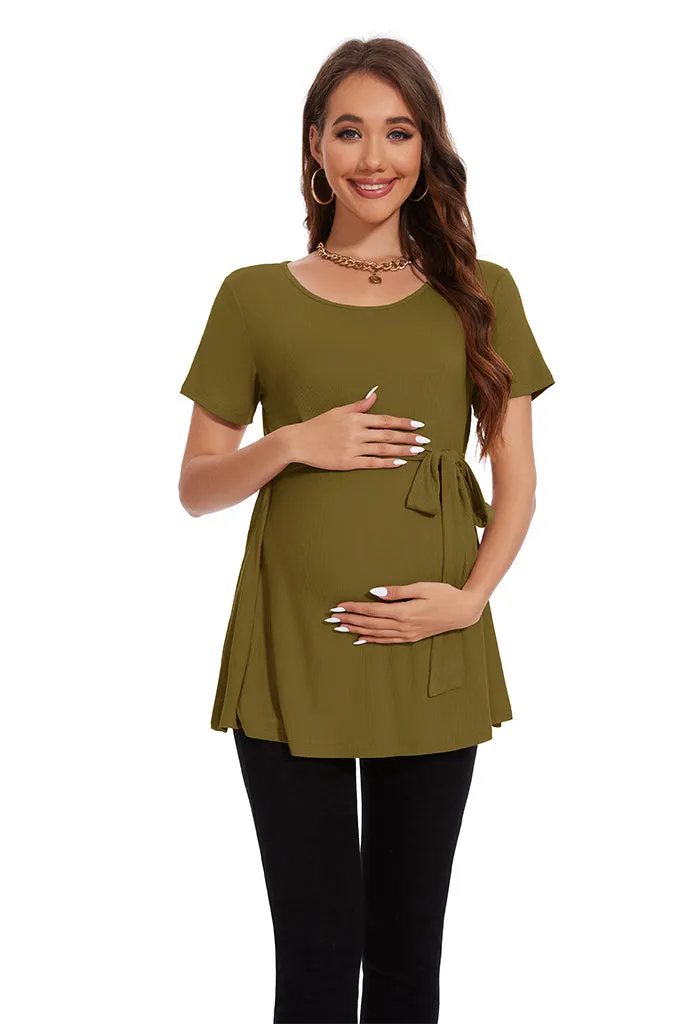 Smallahow Ribbed Tie Front Maternity Shirt