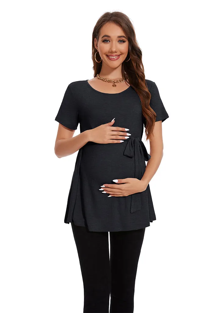 Smallahow Ribbed Tie Front Maternity Shirt