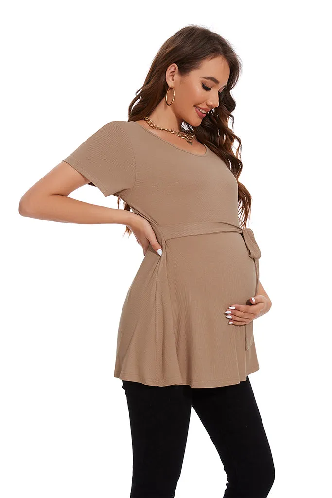 Smallahow Ribbed Tie Front Maternity Shirt