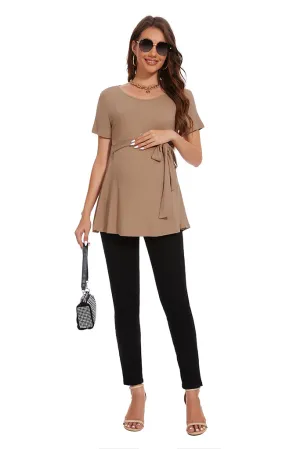 Smallahow Ribbed Tie Front Maternity Shirt