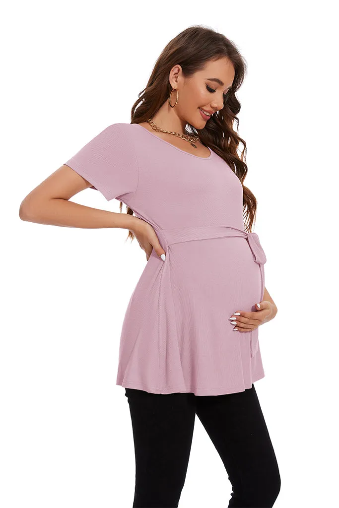 Smallahow Ribbed Tie Front Maternity Shirt