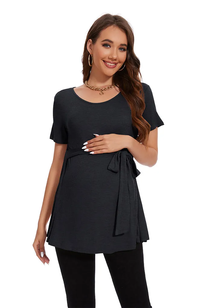 Smallahow Ribbed Tie Front Maternity Shirt