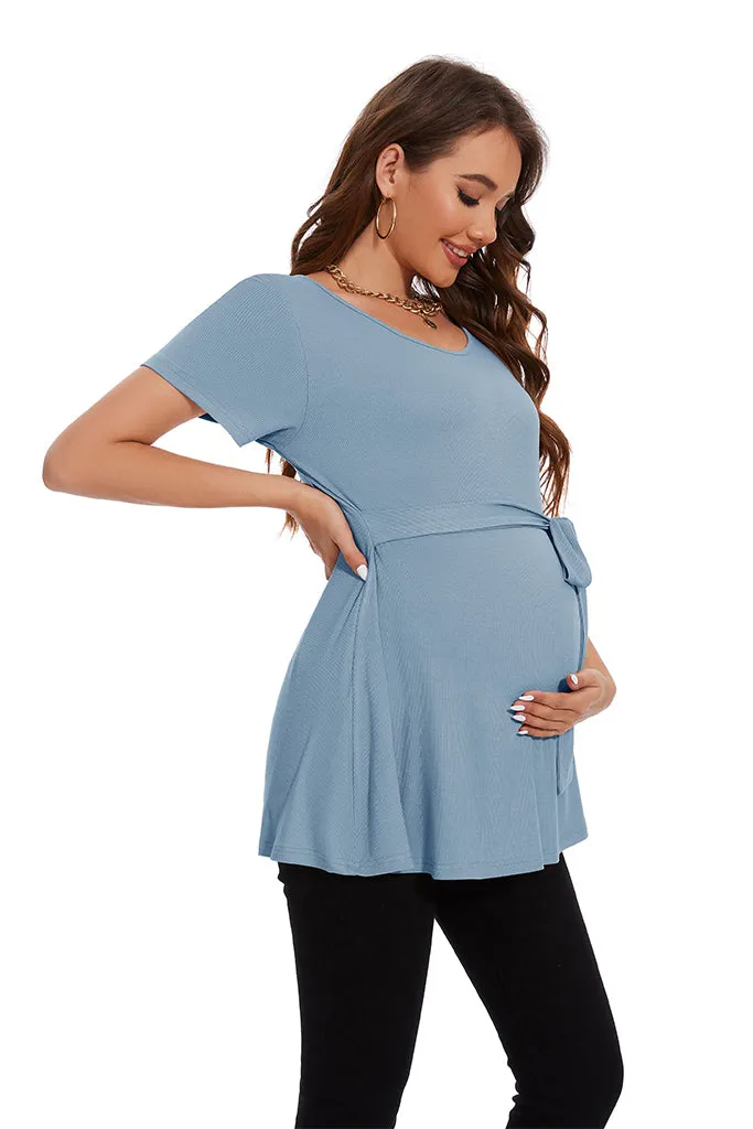 Smallahow Ribbed Tie Front Maternity Shirt