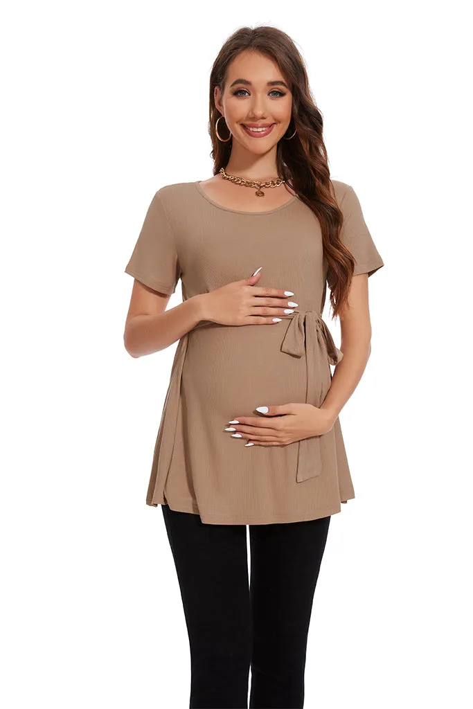 Smallahow Ribbed Tie Front Maternity Shirt