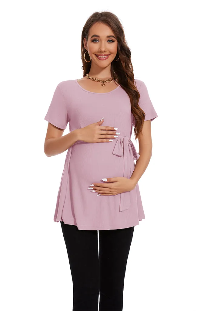 Smallahow Ribbed Tie Front Maternity Shirt