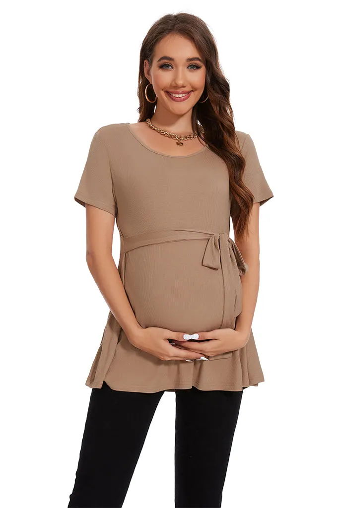 Smallahow Ribbed Tie Front Maternity Shirt