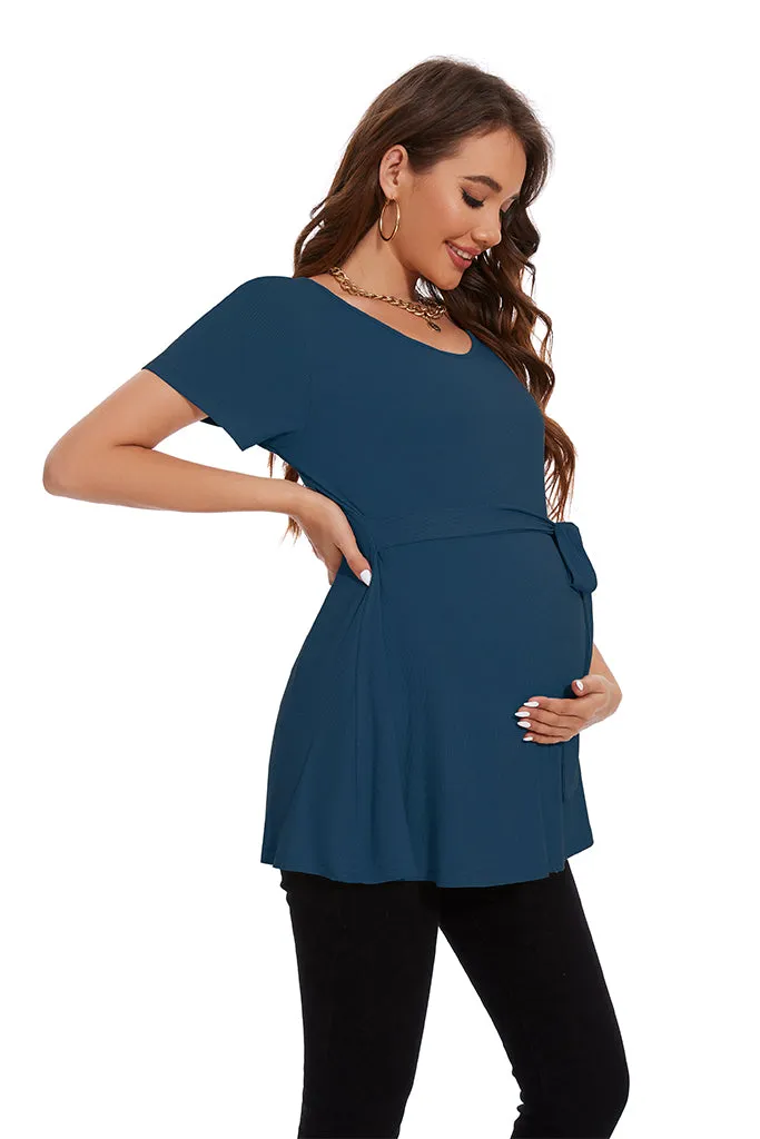 Smallahow Ribbed Tie Front Maternity Shirt