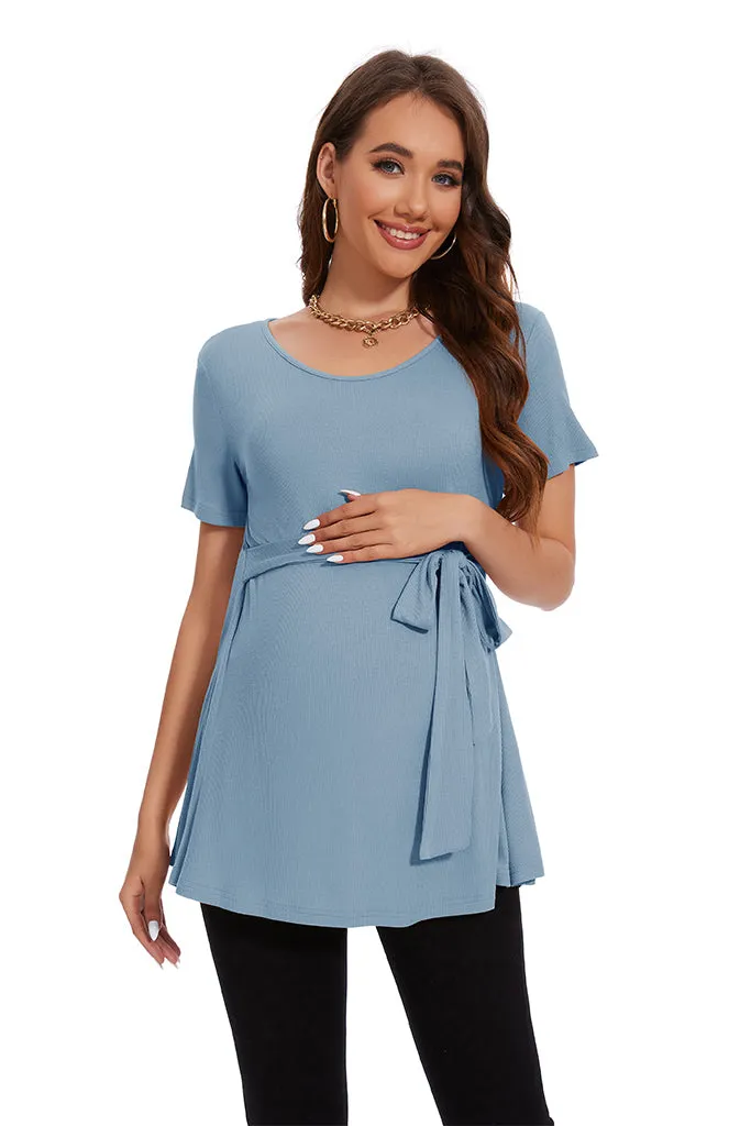 Smallahow Ribbed Tie Front Maternity Shirt