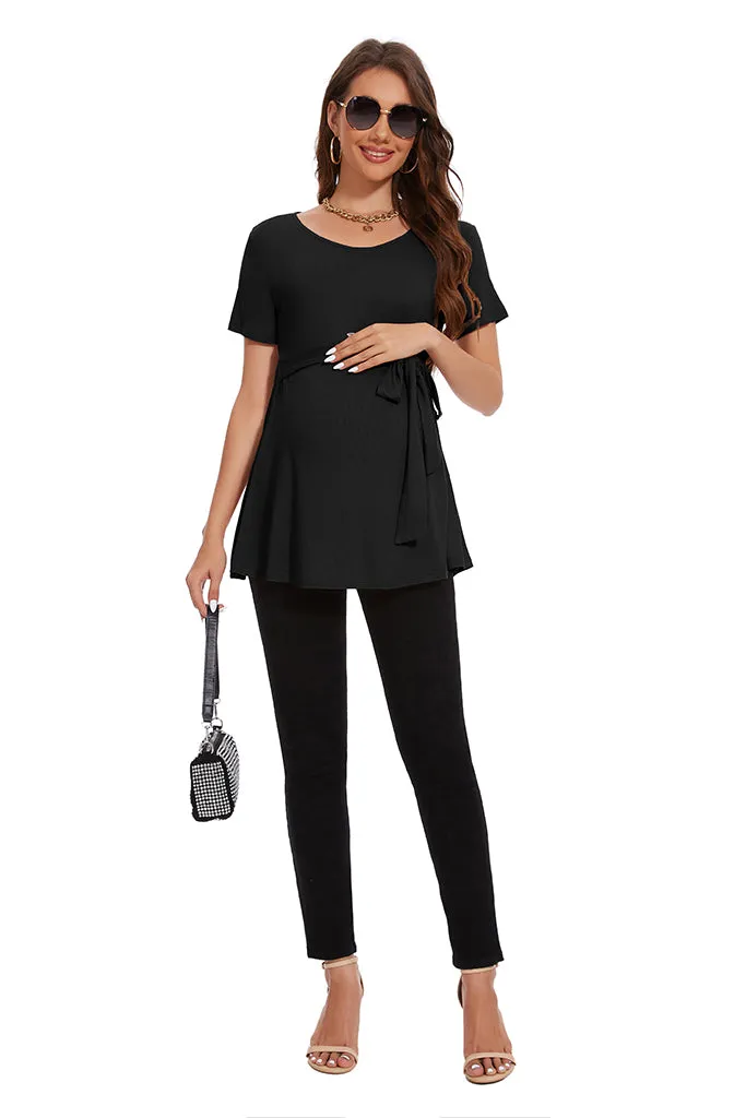 Smallahow Ribbed Tie Front Maternity Shirt