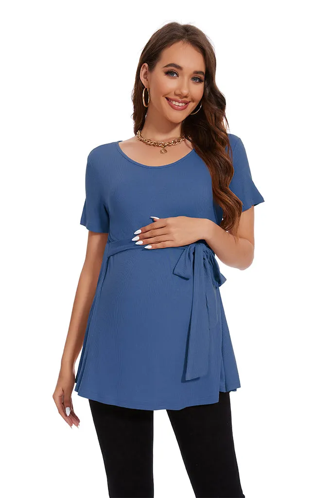 Smallahow Ribbed Tie Front Maternity Shirt