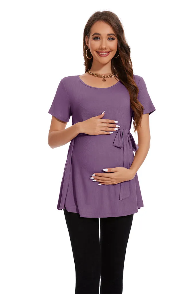 Smallahow Ribbed Tie Front Maternity Shirt