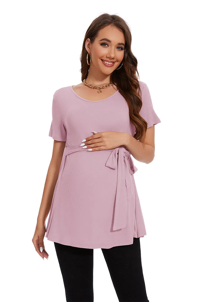 Smallahow Ribbed Tie Front Maternity Shirt