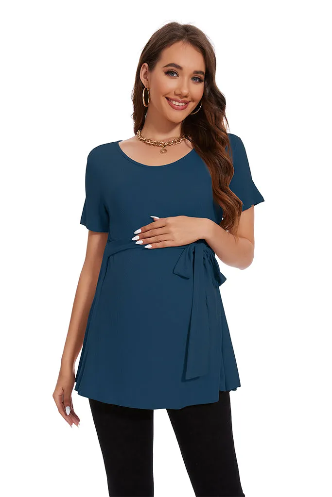 Smallahow Ribbed Tie Front Maternity Shirt