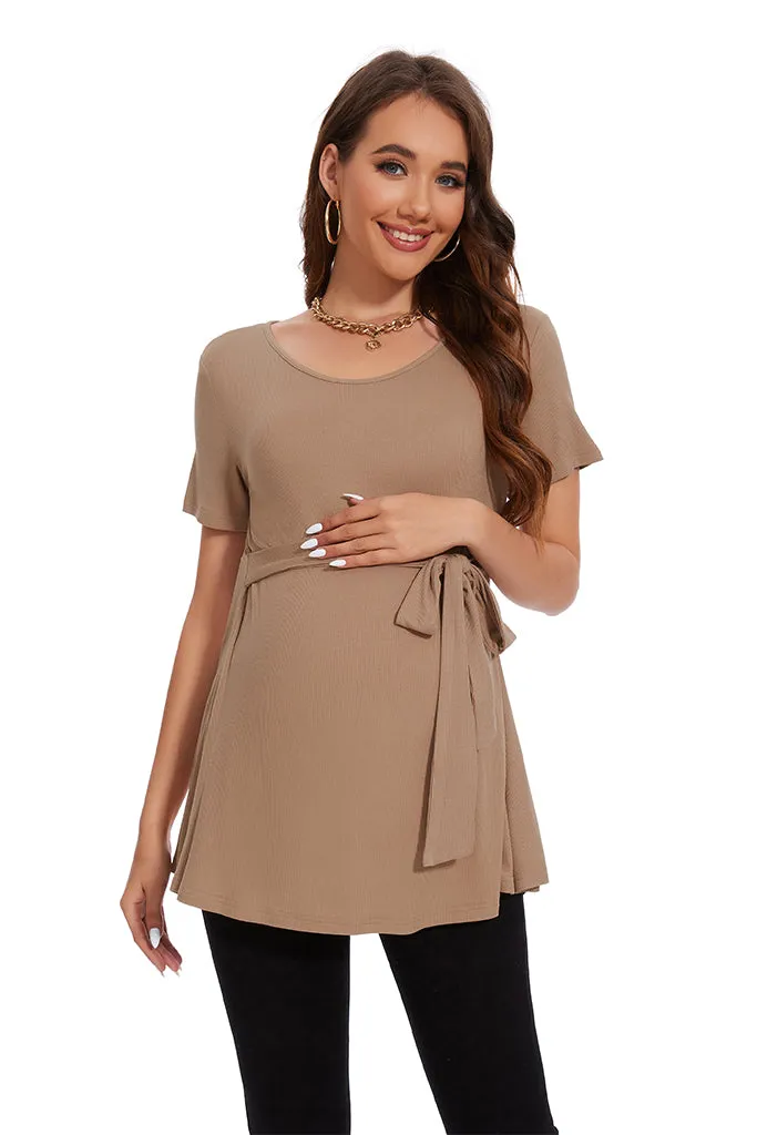 Smallahow Ribbed Tie Front Maternity Shirt