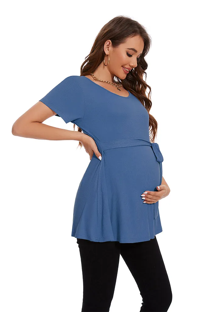 Smallahow Ribbed Tie Front Maternity Shirt