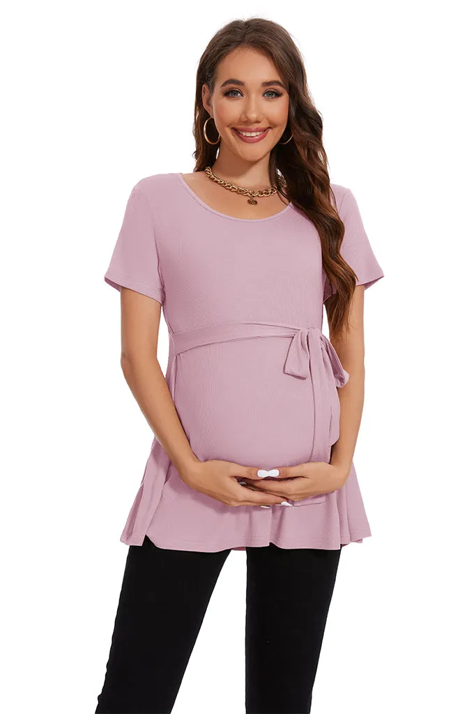 Smallahow Ribbed Tie Front Maternity Shirt