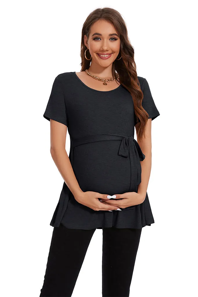 Smallahow Ribbed Tie Front Maternity Shirt