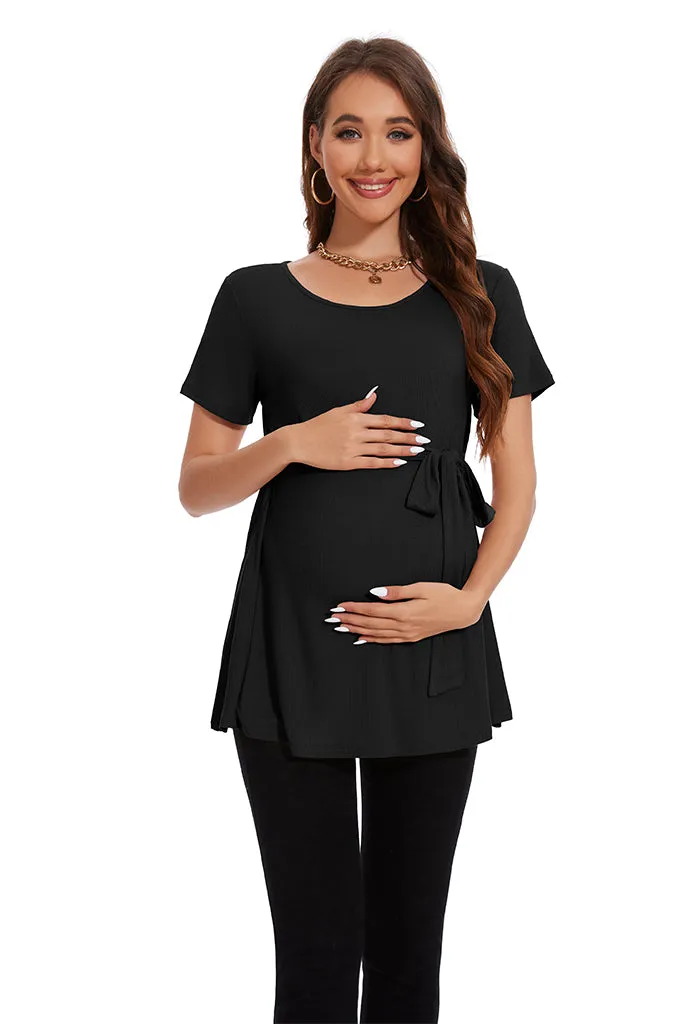 Smallahow Ribbed Tie Front Maternity Shirt