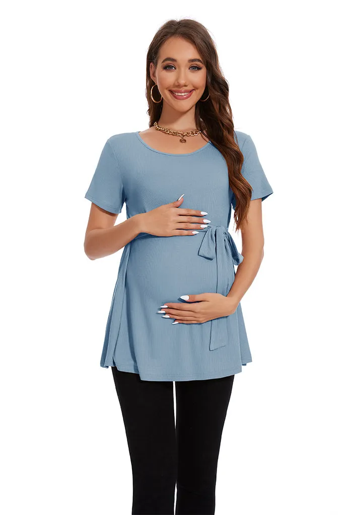 Smallahow Ribbed Tie Front Maternity Shirt