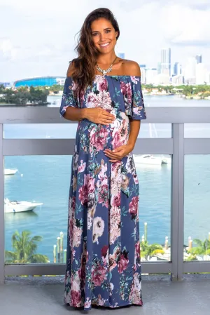 Steel Blue Floral Maxi Dress