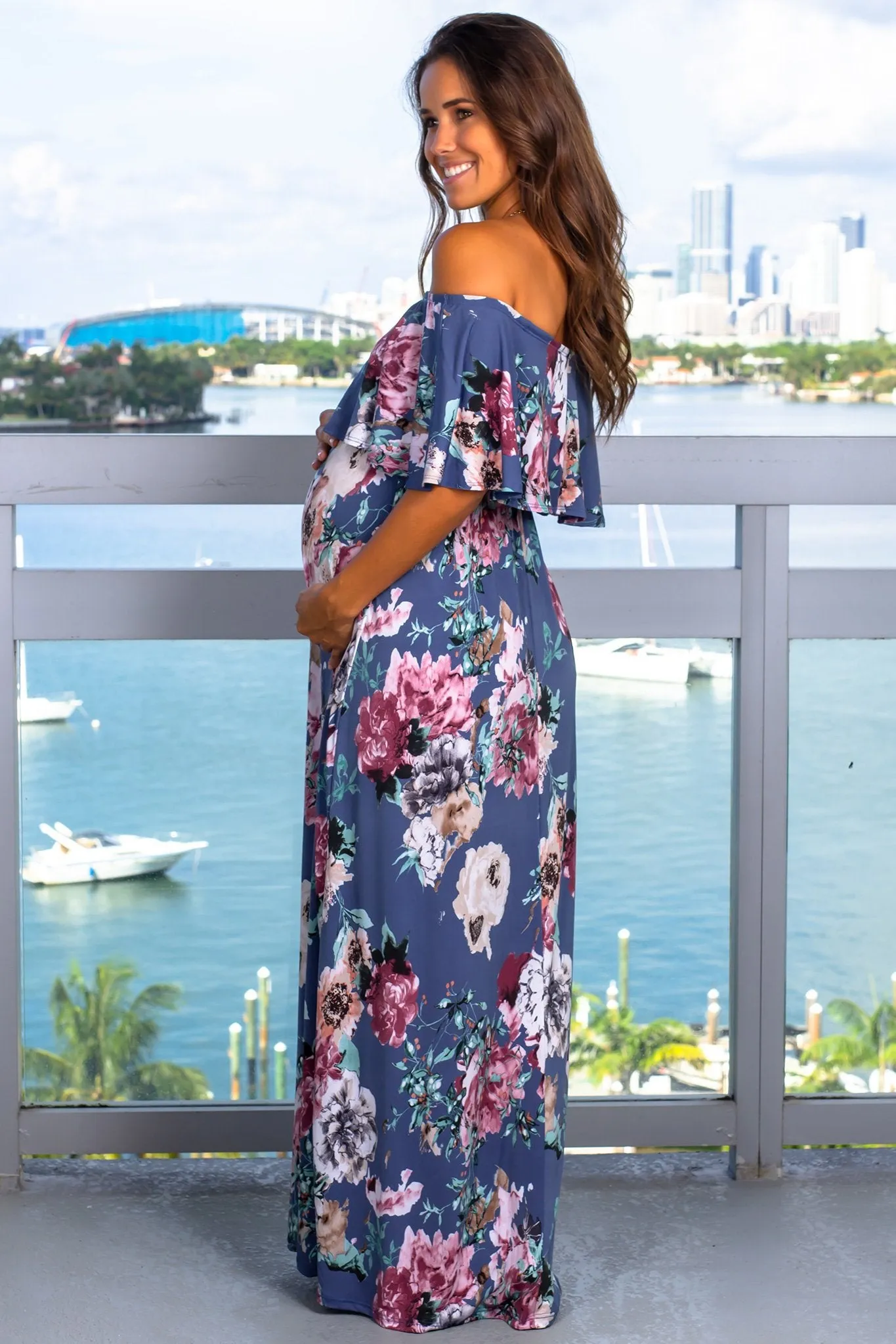 Steel Blue Floral Maxi Dress