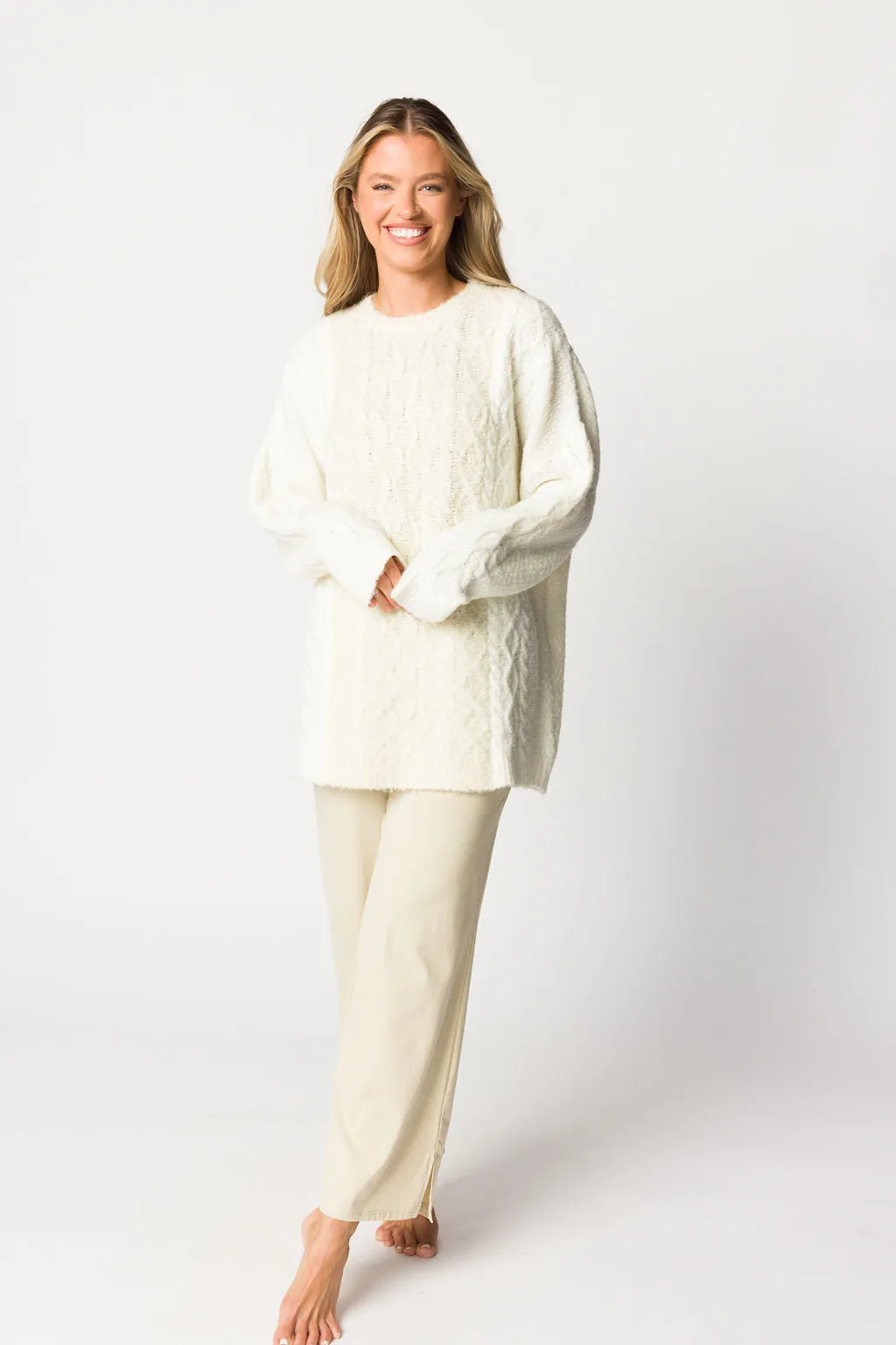 Tara Contrast Stripe Cable Knit Sweater in Ivory