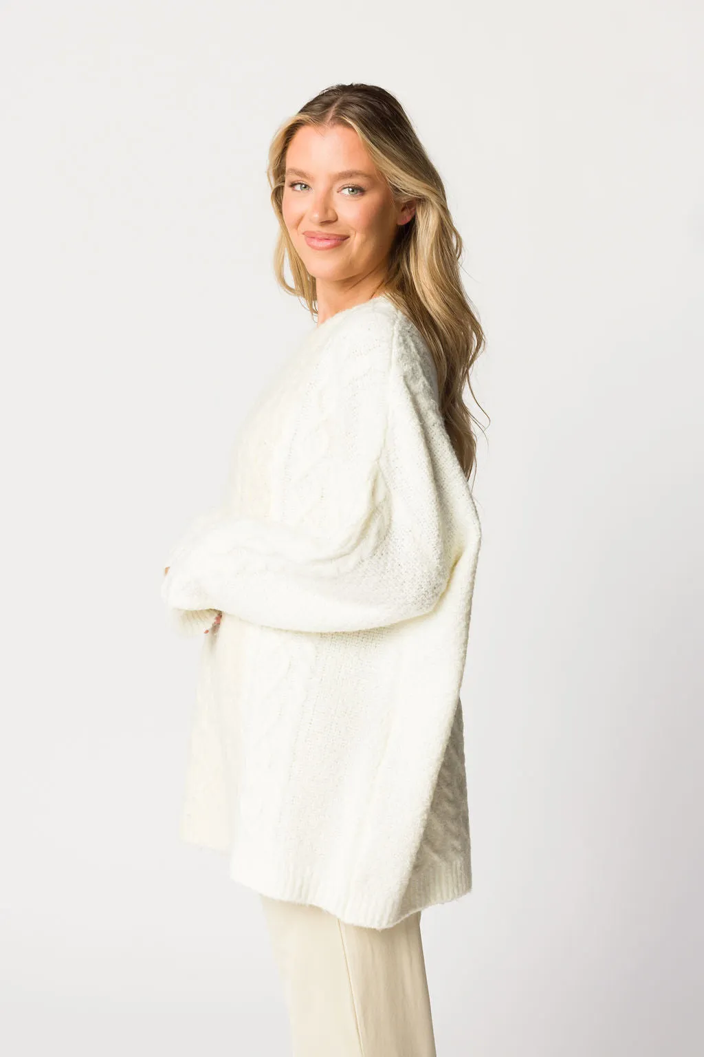 Tara Contrast Stripe Cable Knit Sweater in Ivory