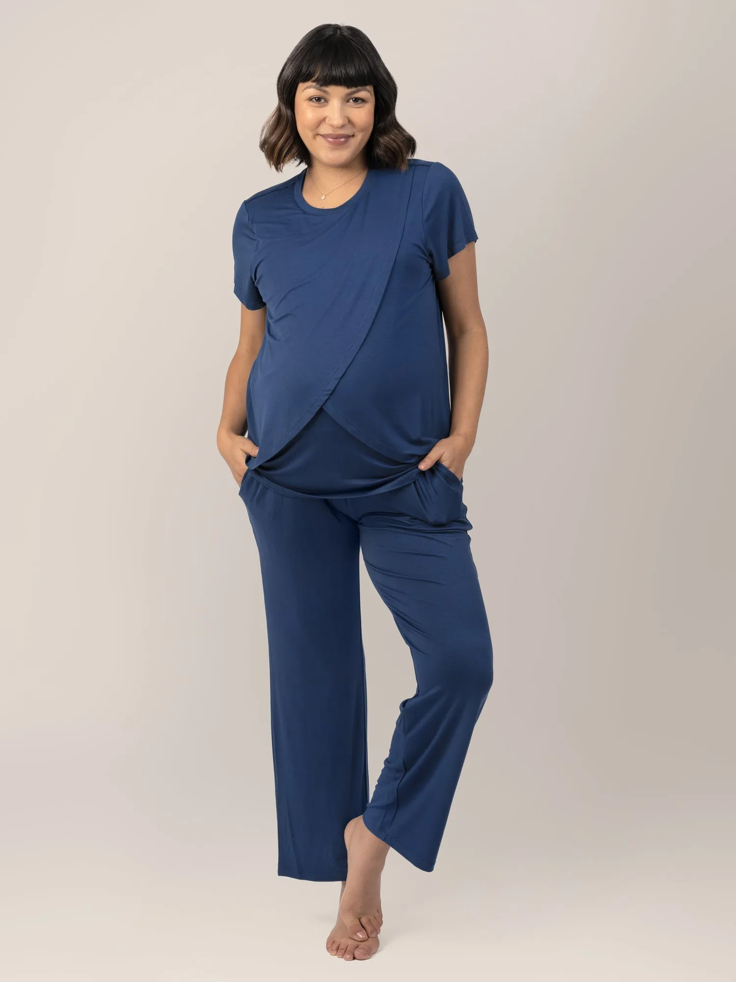 Tulip Hem Short Sleeve Maternity & Nursing Pajama Set | Navy