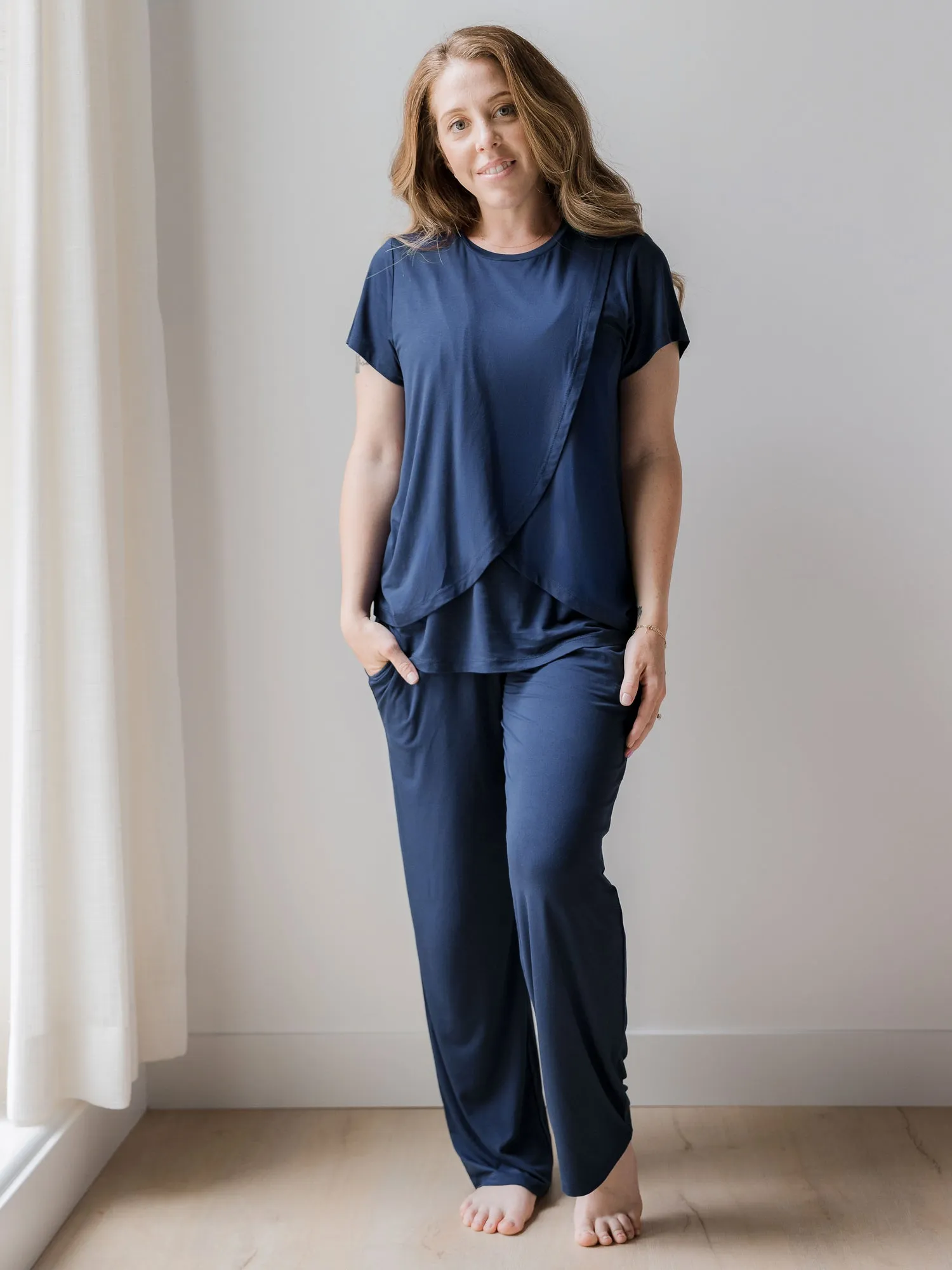 Tulip Hem Short Sleeve Maternity & Nursing Pajama Set | Navy