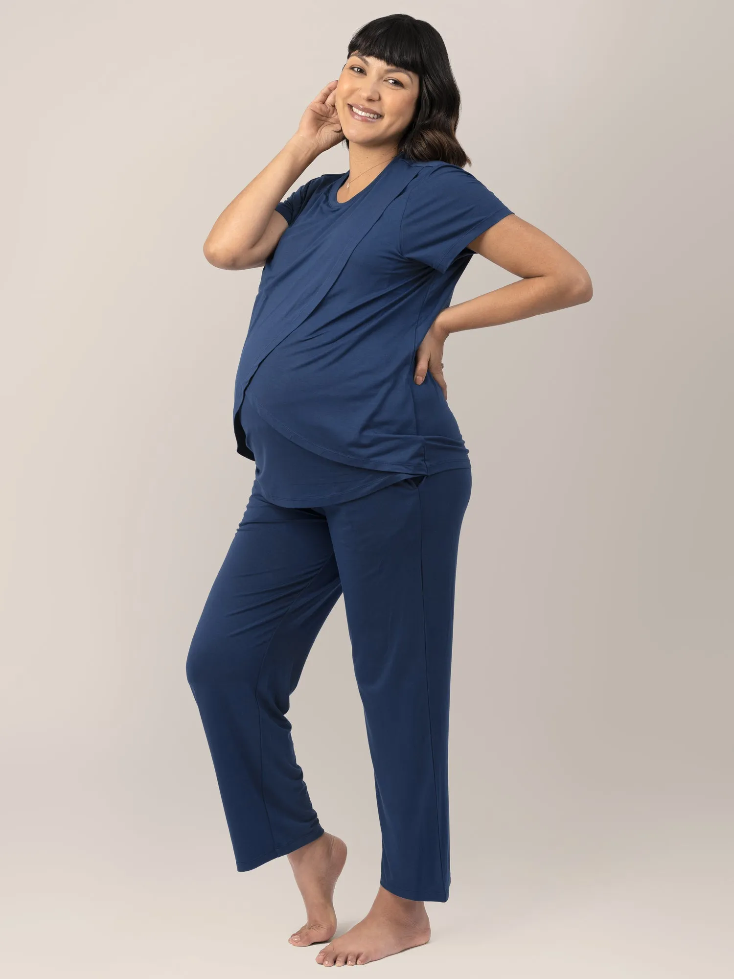 Tulip Hem Short Sleeve Maternity & Nursing Pajama Set | Navy