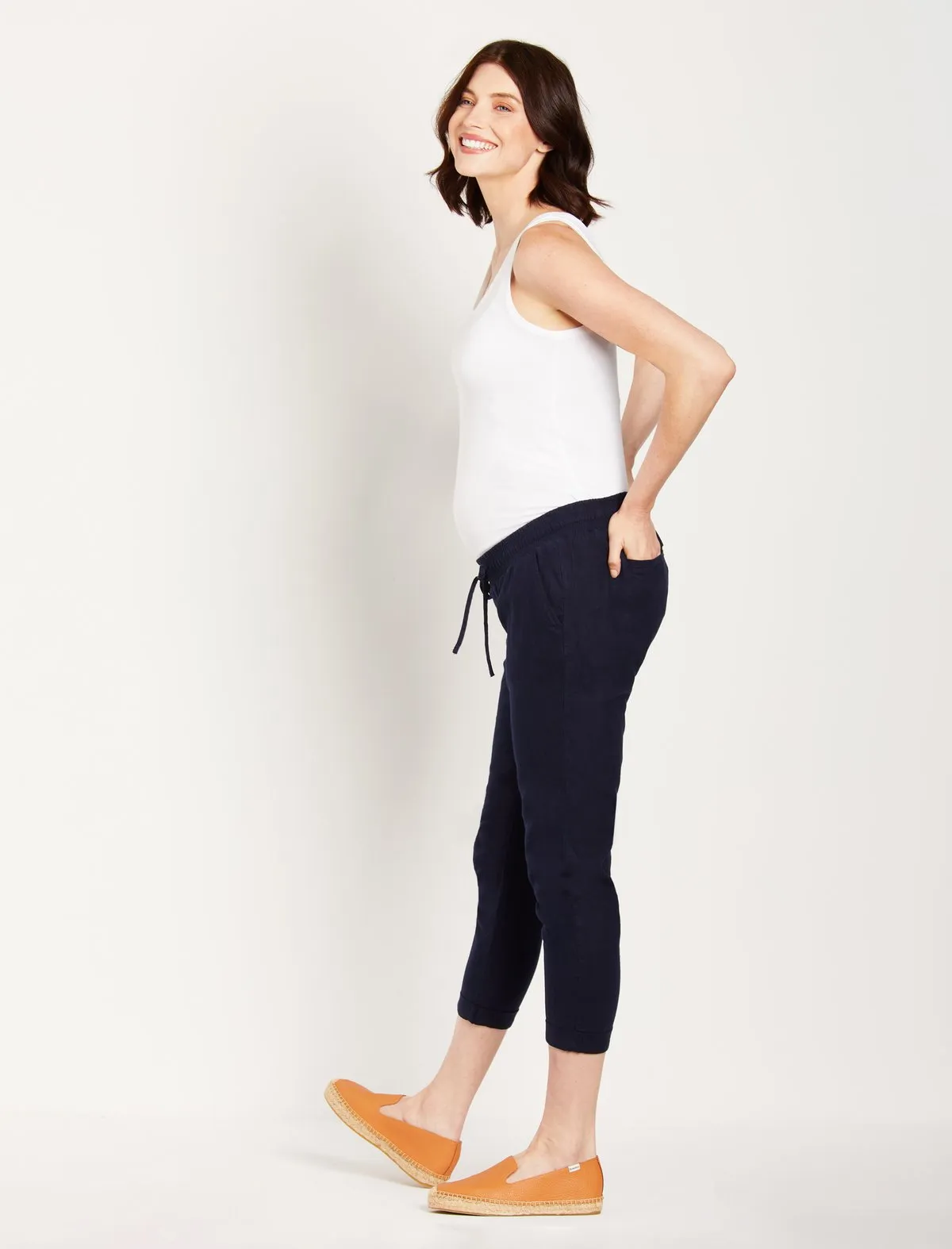 Under Belly Linen Blend Crop Maternity Pants in Navy