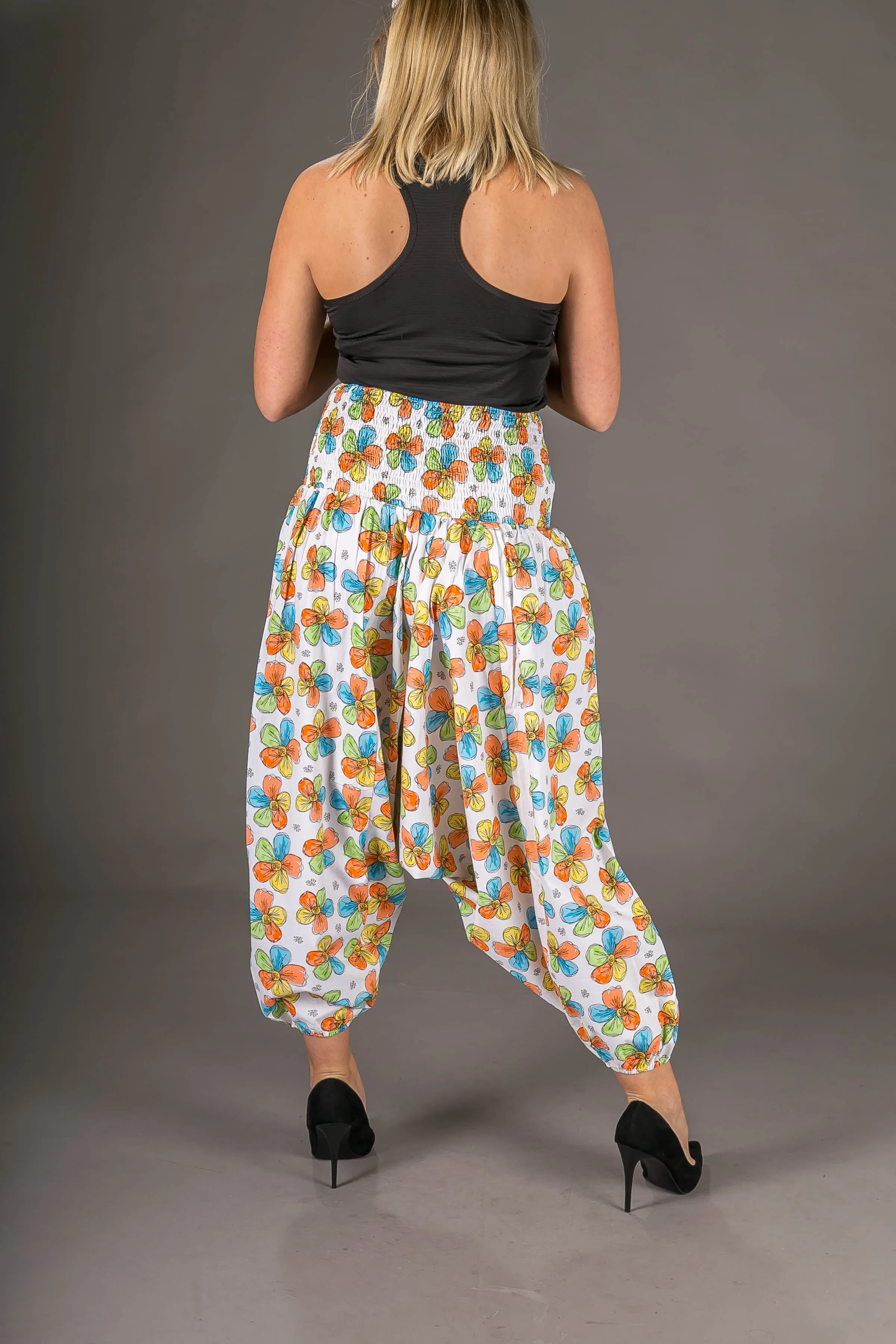 White Floral Print Cotton Harem Yoga Jumpsuit Pants