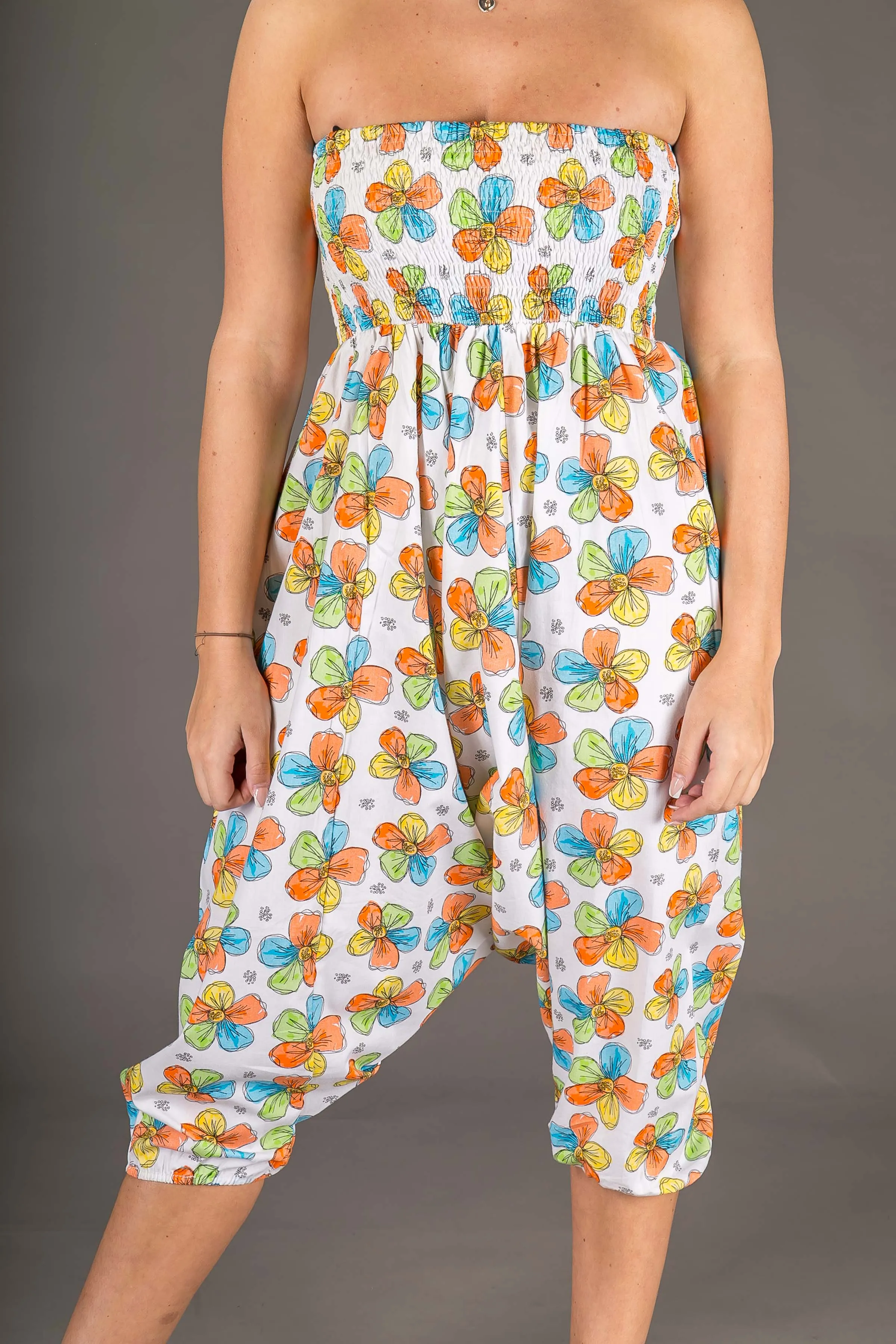 White Floral Print Cotton Harem Yoga Jumpsuit Pants