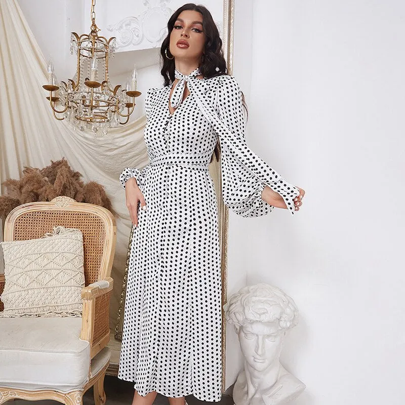 White Printed V-Neck Long Sleeves Dots Dress