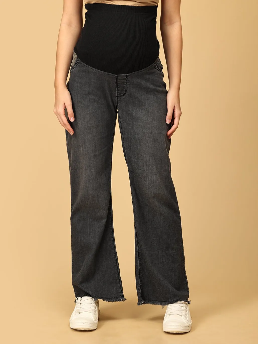 Wide Leg Maternity Denim with Belly Support -Black