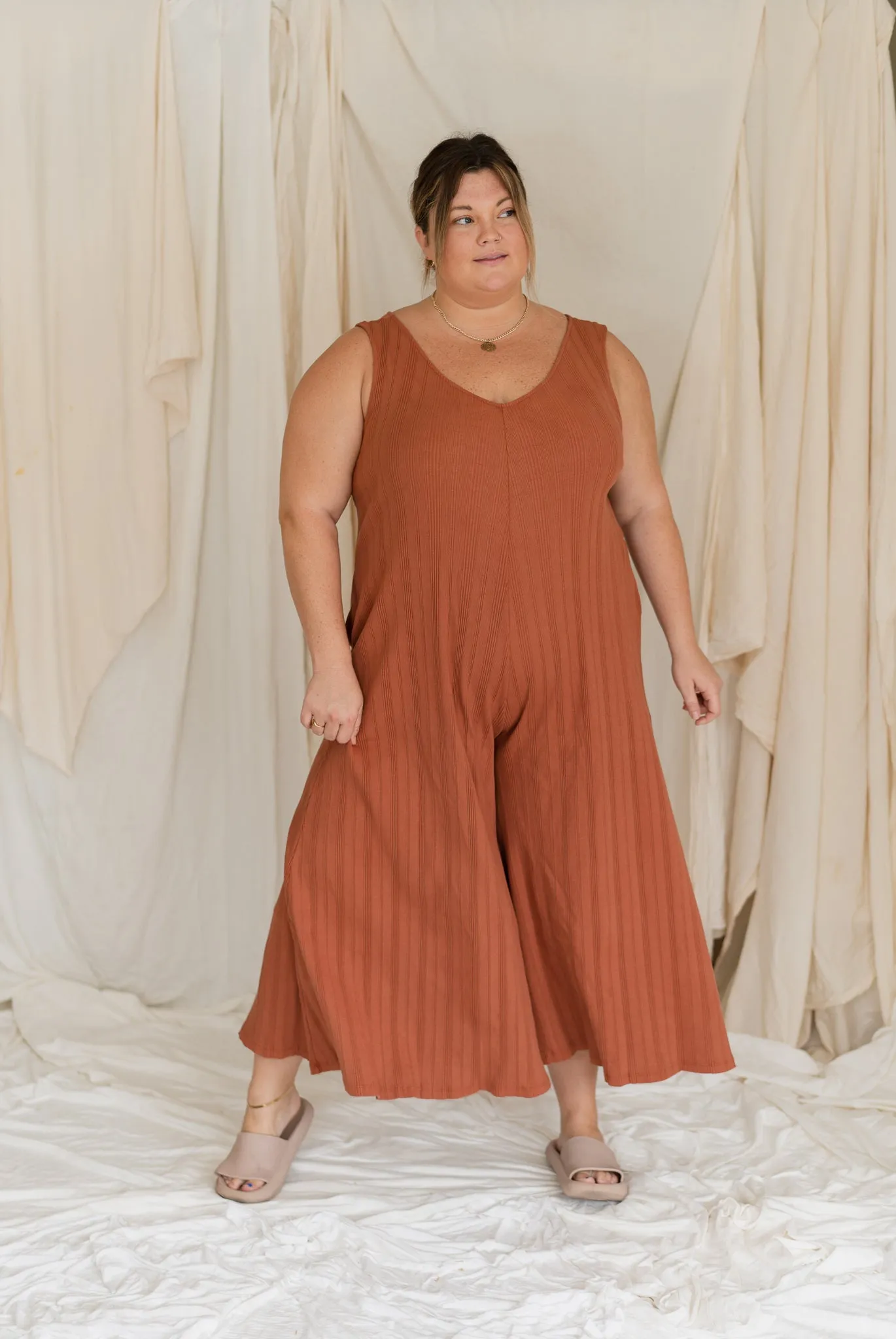 Willow Wide Rib Jumpsuit - Rust