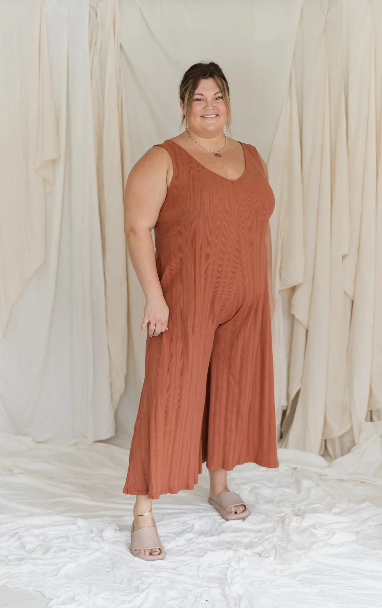 Willow Wide Rib Jumpsuit - Rust