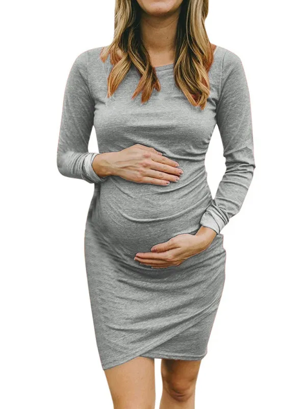 Women’s Pullover Styling Crew Neck Long Sleeves Ruched Sides Maternity Dress