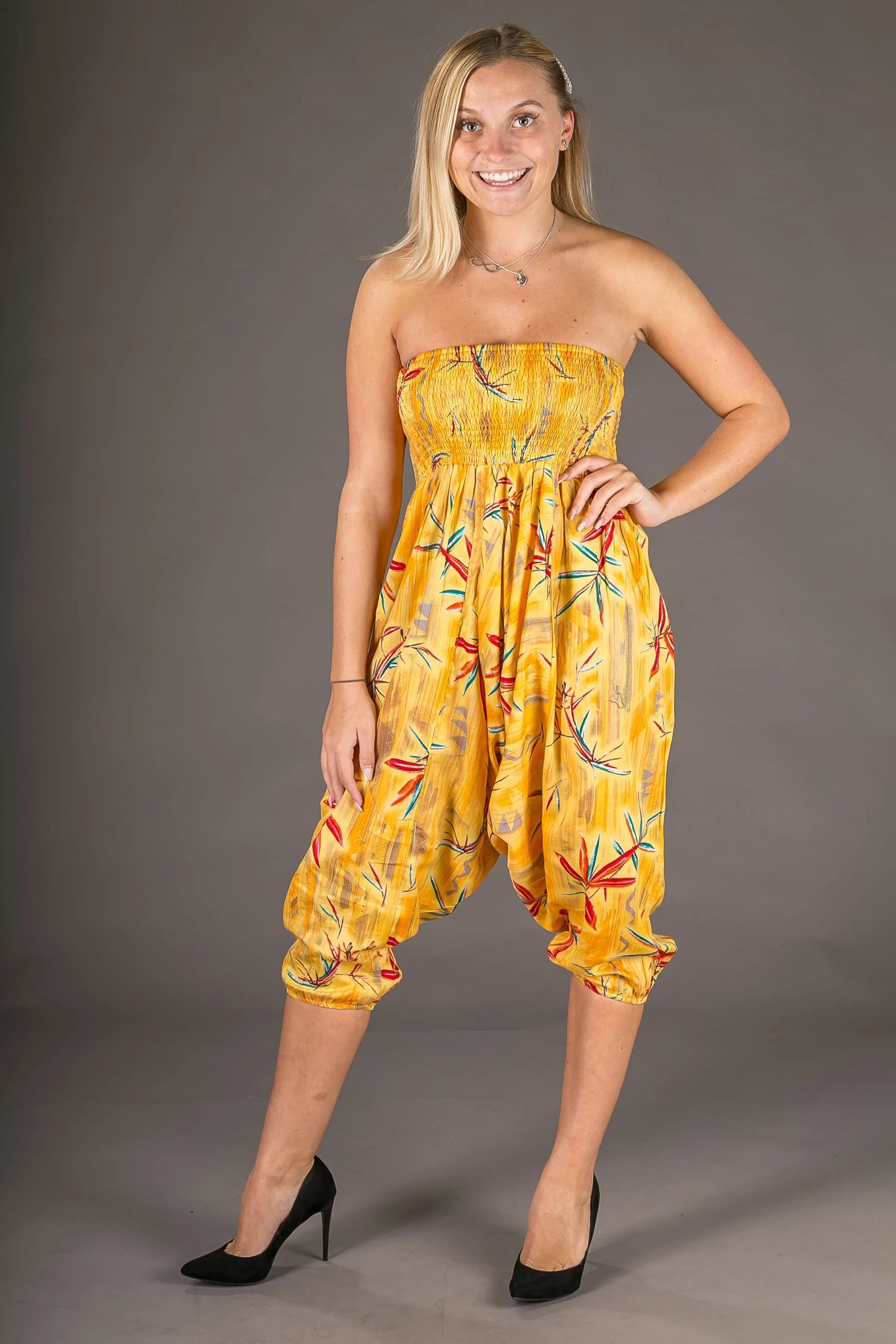 Yellow Floral Chilli Print Cotton Harem Yoga Jumpsuit Pants