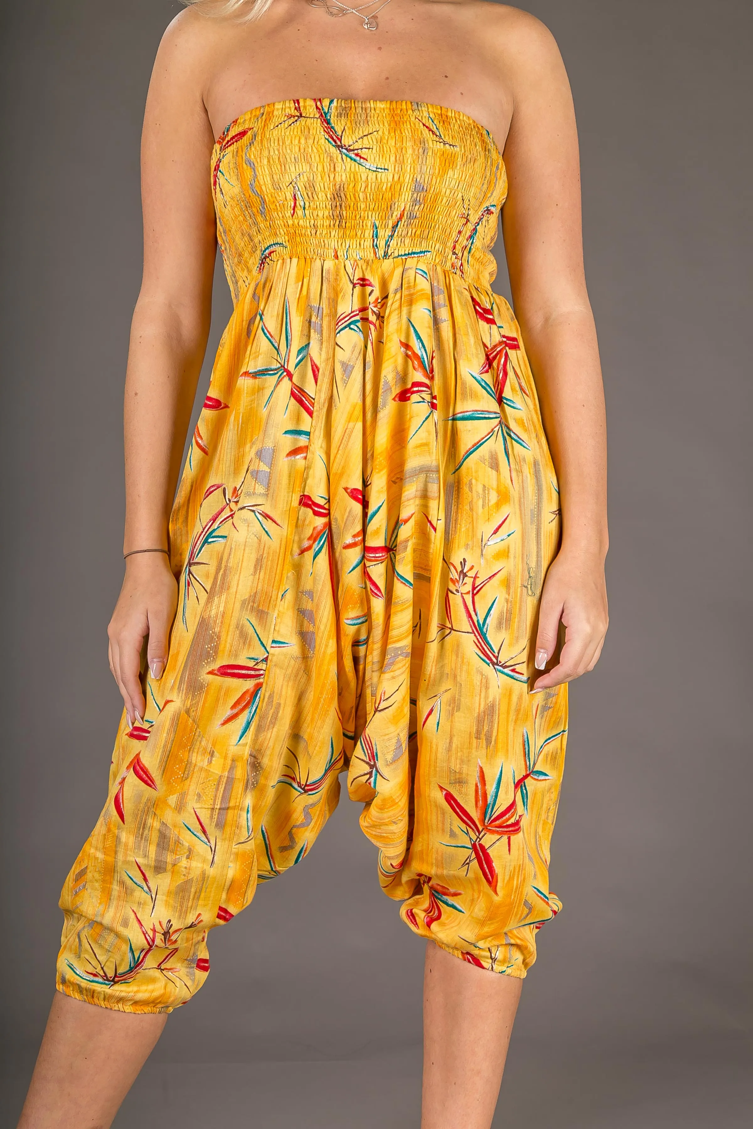 Yellow Floral Chilli Print Cotton Harem Yoga Jumpsuit Pants